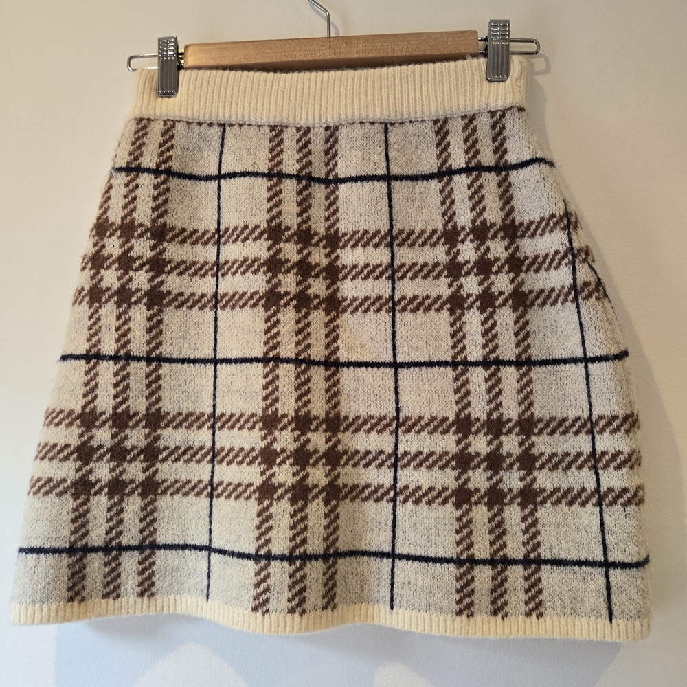 En Saison Cream and Brown Plaid A-Line Skirt Size XS